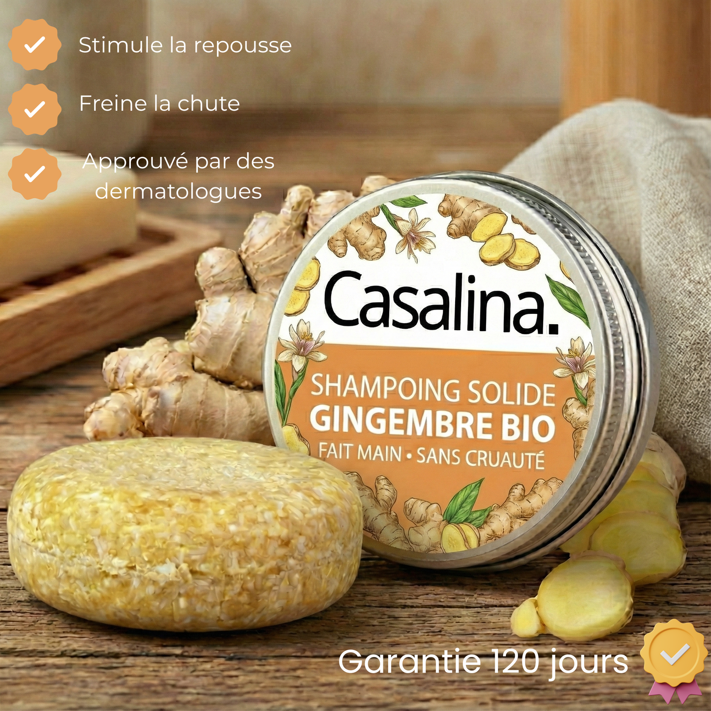 Shampoing Solide Gingembre Bio – Densifiant & Stimulant – Volume & Anti-Casse